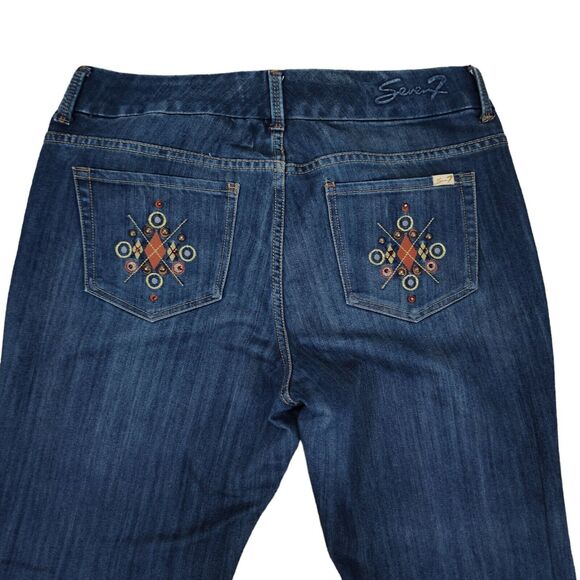 Seven7 Luxe Mid Rise Flare Jeans Size 16 Dark Wash  Embroidered Pockets - Picture 1 of 14